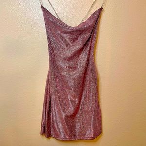 Sparkly Pink bodycon mini dress with rhinestone straps.